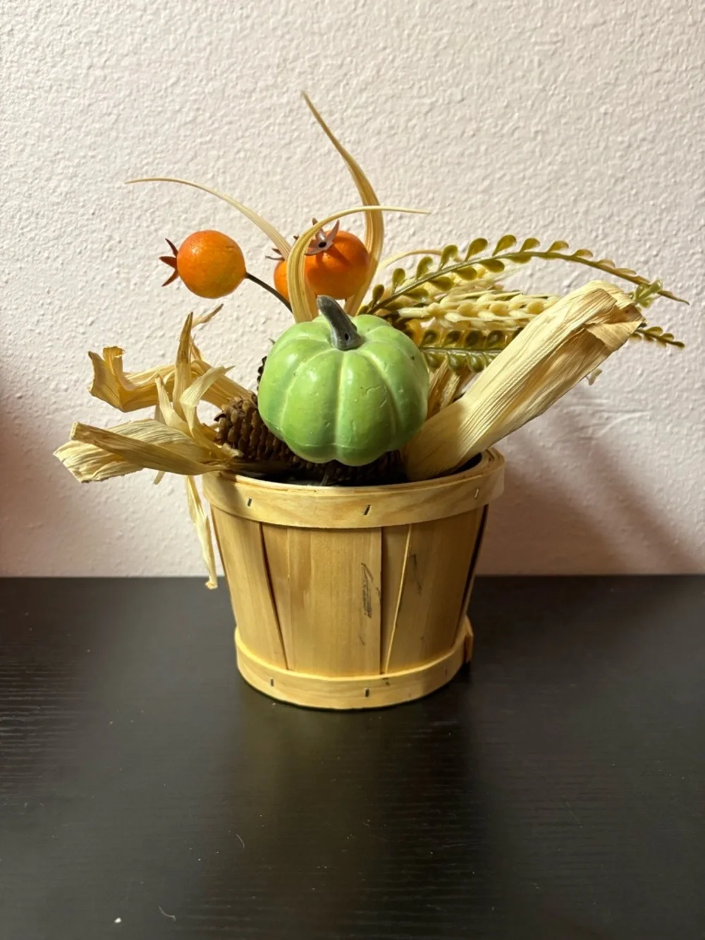 Fall Pumpkin Basket Centerpiece Rustic Harvest Decor Mini Wooden Bucket